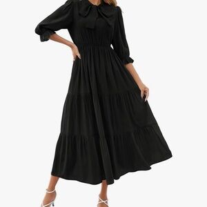 NWT Women's Casual Half Sleeve Tie V Neck Elastic High Neck Dress Black Size S